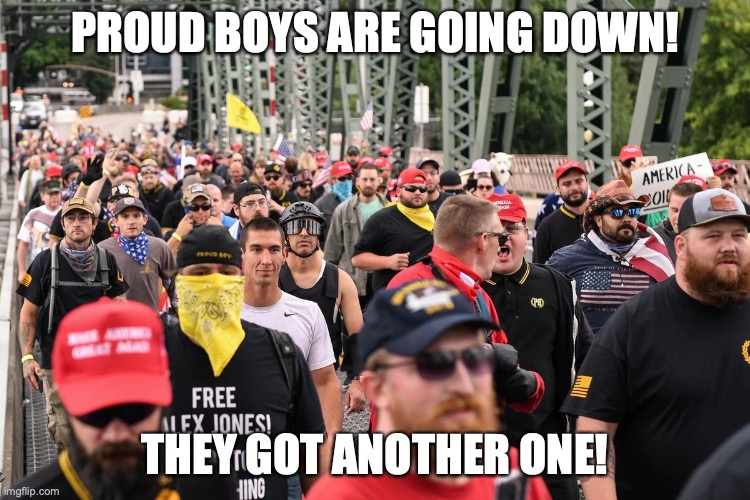 Proud Boys march | PROUD BOYS ARE GOING DOWN! THEY GOT ANOTHER ONE! | image tagged in proud boys march | made w/ Imgflip meme maker