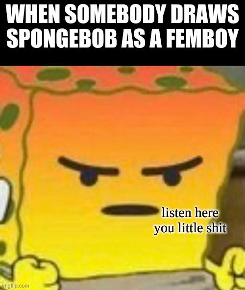 aint nobody touchin spongeboi me bob | WHEN SOMEBODY DRAWS SPONGEBOB AS A FEMBOY; listen here you little shit | image tagged in mad spongebob | made w/ Imgflip meme maker