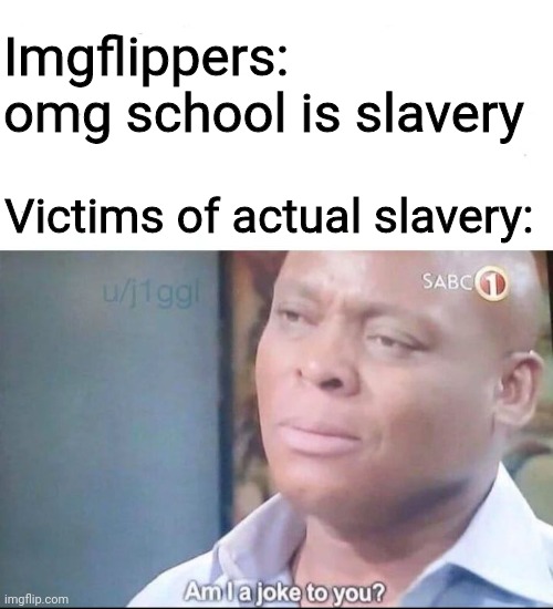 am I a joke to you | Imgflippers: omg school is slavery; Victims of actual slavery: | image tagged in am i a joke to you,slavery,stay in school,school,memes | made w/ Imgflip meme maker
