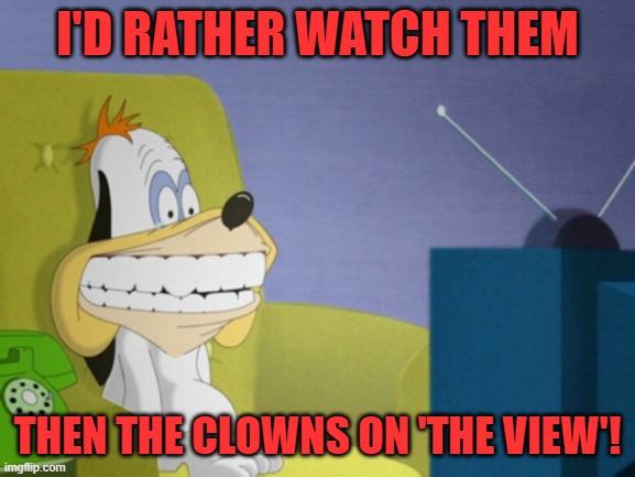 droopy watching tv | I'D RATHER WATCH THEM THEN THE CLOWNS ON 'THE VIEW'! | image tagged in droopy watching tv | made w/ Imgflip meme maker