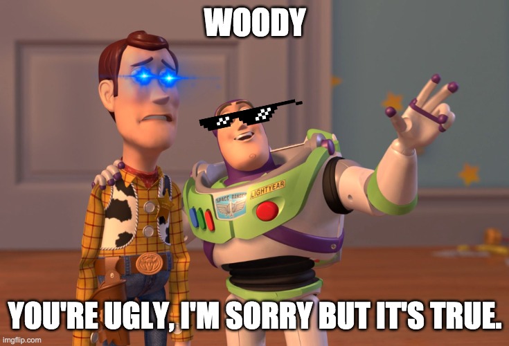X, X Everywhere | WOODY; YOU'RE UGLY, I'M SORRY BUT IT'S TRUE. | image tagged in memes,x x everywhere | made w/ Imgflip meme maker
