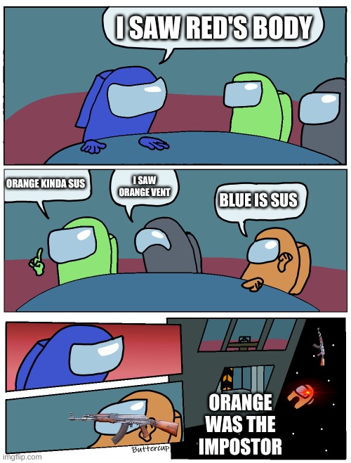 Among Us Meeting | I SAW RED'S BODY; ORANGE KINDA SUS; I SAW ORANGE VENT; BLUE IS SUS; ORANGE WAS THE IMPOSTOR | image tagged in among us meeting | made w/ Imgflip meme maker