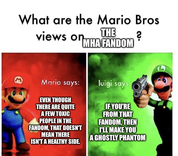 Mario Bros Views | THE MHA FANDOM; EVEN THOUGH THERE ARE QUITE A FEW TOXIC PEOPLE IN THE FANDOM, THAT DOESN'T MEAN THERE ISN'T A HEALTHY SIDE. IF YOU'RE FROM THAT FANDOM, THEN I'LL MAKE YOU A GHOSTLY PHANTOM | image tagged in mario bros views | made w/ Imgflip meme maker
