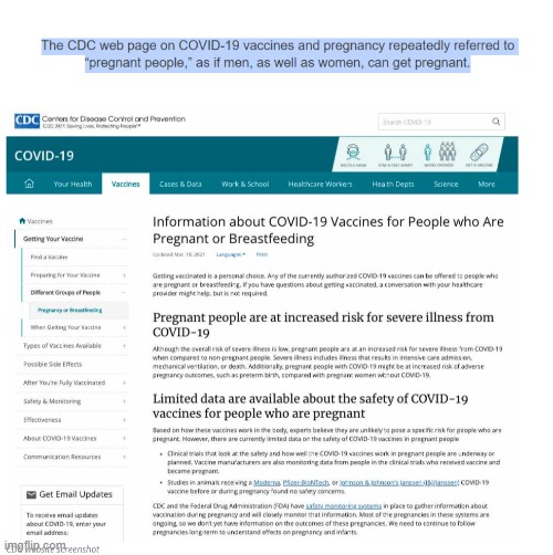The CDC web page on COVID-19 vaccines and pregnancy repeatedly referred to “pregnant people,” as if men, get pregnant | image tagged in cdc,covid,crying democrats | made w/ Imgflip meme maker