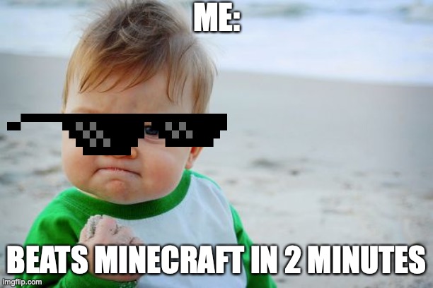 beating Minecraft in 2 minute | ME:; BEATS MINECRAFT IN 2 MINUTES | image tagged in memes,success kid original | made w/ Imgflip meme maker