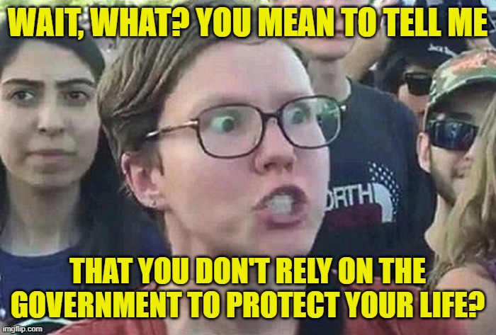 Triggered Liberal | WAIT, WHAT? YOU MEAN TO TELL ME THAT YOU DON'T RELY ON THE GOVERNMENT TO PROTECT YOUR LIFE? | image tagged in triggered liberal | made w/ Imgflip meme maker