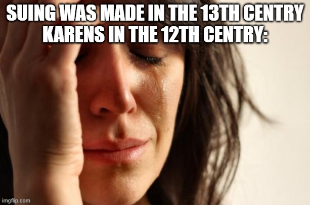 First World Problems | SUING WAS MADE IN THE 13TH CENTRY
KARENS IN THE 12TH CENTRY: | image tagged in memes,first world problems | made w/ Imgflip meme maker