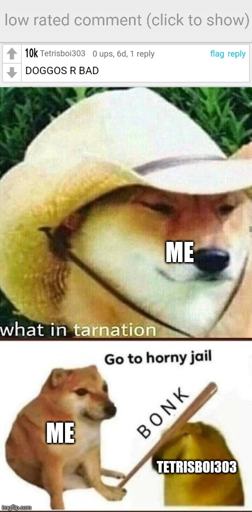 NO!! DOGGOS ARE GOOD!! | ME; ME; TETRISBOI303 | image tagged in low-rated comment imgflip,what in tarnation dog,go to horny jail | made w/ Imgflip meme maker