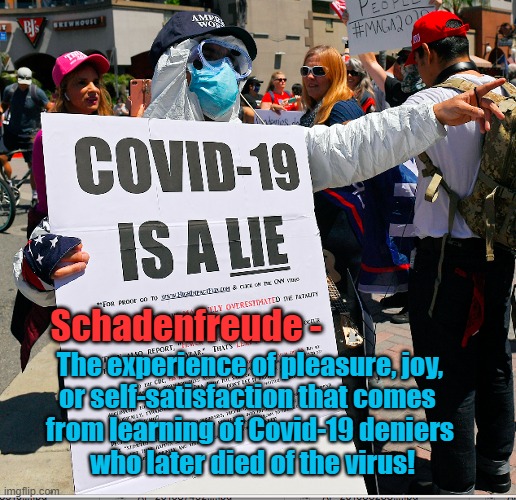 Covid Schadenfreude! | The experience of pleasure, joy, or self-satisfaction that comes 
from learning of Covid-19 deniers
 who later died of the virus! Schadenfreude - | image tagged in schadenfreude,covidiots,covid-19 | made w/ Imgflip meme maker