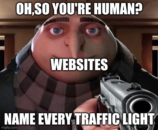 websites be like | OH,SO YOU'RE HUMAN? WEBSITES; NAME EVERY TRAFFIC LIGHT | image tagged in gru gun | made w/ Imgflip meme maker