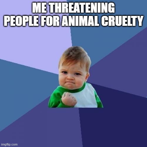 STOP ANIMAL CRUELTY | ME THREATENING PEOPLE FOR ANIMAL CRUELTY | image tagged in memes,success kid | made w/ Imgflip meme maker