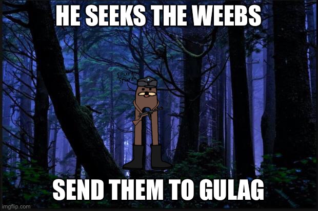 Spurdo | HE SEEKS THE WEEBS; SEND THEM TO GULAG | image tagged in dark forest,gondola,spurdo,meme,anime,gulag | made w/ Imgflip meme maker