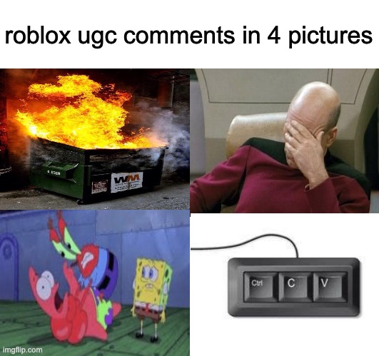 Blank Comic Panel 2x2 | roblox ugc comments in 4 pictures | image tagged in memes,blank comic panel 2x2,roblox,comment section | made w/ Imgflip meme maker