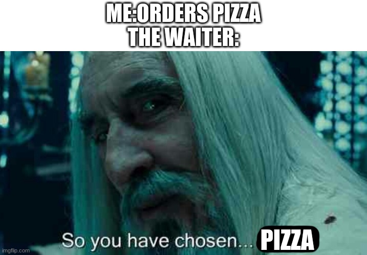 Random meme idea that I just thought of. Don't question | ME:ORDERS PIZZA
THE WAITER:; PIZZA | image tagged in so you have chosen death | made w/ Imgflip meme maker