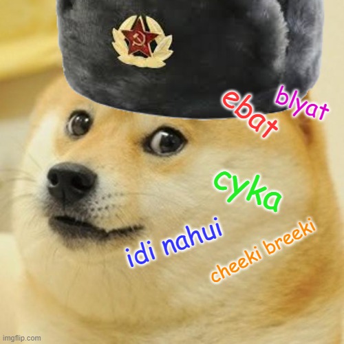 suka |  blyat; ebat; cyka; idi nahui; cheeki breeki | image tagged in slav,doge,russia | made w/ Imgflip meme maker