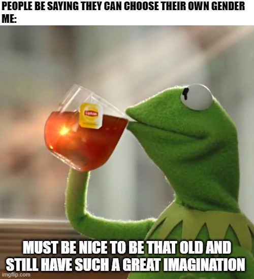 imagination  is all i can say | PEOPLE BE SAYING THEY CAN CHOOSE THEIR OWN GENDER
ME:; MUST BE NICE TO BE THAT OLD AND STILL HAVE SUCH A GREAT IMAGINATION | image tagged in memes,but that's none of my business,kermit the frog,imagination | made w/ Imgflip meme maker