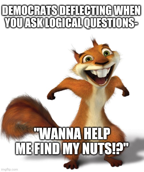 Hammy Excited | DEMOCRATS DEFLECTING WHEN YOU ASK LOGICAL QUESTIONS-; "WANNA HELP ME FIND MY NUTS!?" | image tagged in hammy excited | made w/ Imgflip meme maker