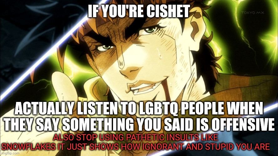 Cishets listen please | IF YOU'RE CISHET; ACTUALLY LISTEN TO LGBTQ PEOPLE WHEN THEY SAY SOMETHING YOU SAID IS OFFENSIVE; ALSO STOP USING PATHETIC INSULTS LIKE SNOWFLAKES IT JUST SHOWS HOW IGNORANT AND STUPID YOU ARE | image tagged in jojo meme,lgbtq,lgbt | made w/ Imgflip meme maker