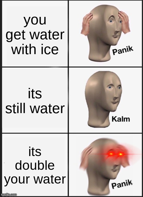 Woter the chances | you get water with ice; its still water; its double your water | image tagged in memes,panik kalm panik | made w/ Imgflip meme maker