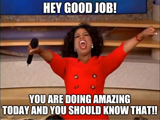 :) | HEY GOOD JOB! YOU ARE DOING AMAZING TODAY AND YOU SHOULD KNOW THAT!! | image tagged in memes,oprah you get a | made w/ Imgflip meme maker