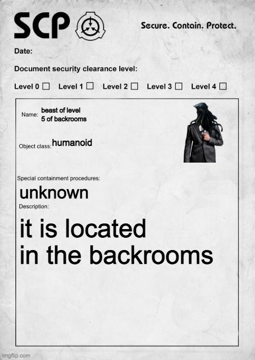 SCP document | beast of level 5 of backrooms; humanoid; unknown; it is located in the backrooms | image tagged in scp document | made w/ Imgflip meme maker