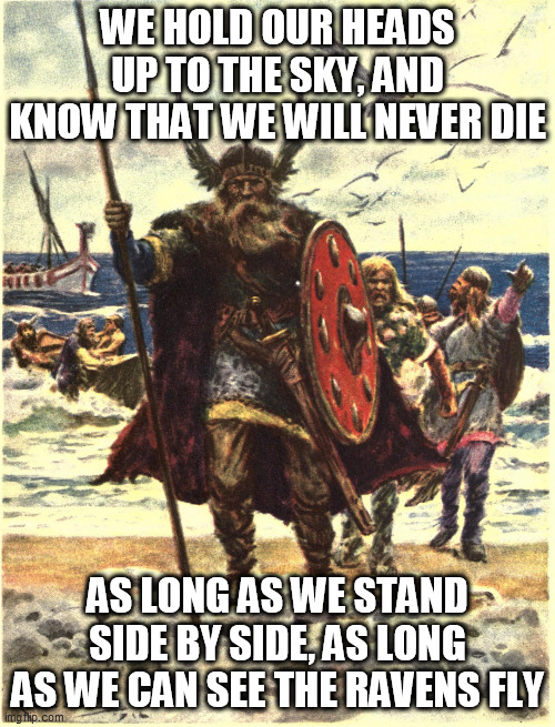 Raven's Flight | WE HOLD OUR HEADS UP TO THE SKY, AND KNOW THAT WE WILL NEVER DIE; AS LONG AS WE STAND SIDE BY SIDE, AS LONG AS WE CAN SEE THE RAVENS FLY | image tagged in vikings,viking,amon amarth,raven's flight,norsemen,norseman | made w/ Imgflip meme maker