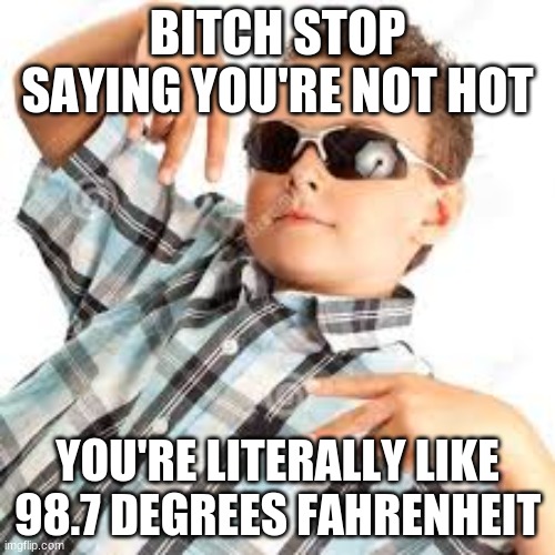 Cool kid sunglasses | BITCH STOP SAYING YOU'RE NOT HOT; YOU'RE LITERALLY LIKE 98.7 DEGREES FAHRENHEIT | image tagged in cool kid sunglasses | made w/ Imgflip meme maker