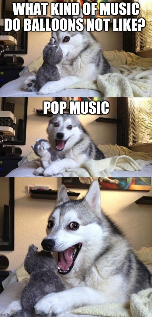 bad joke dog |  WHAT KIND OF MUSIC DO BALLOONS NOT LIKE? POP MUSIC | image tagged in bad joke dog | made w/ Imgflip meme maker