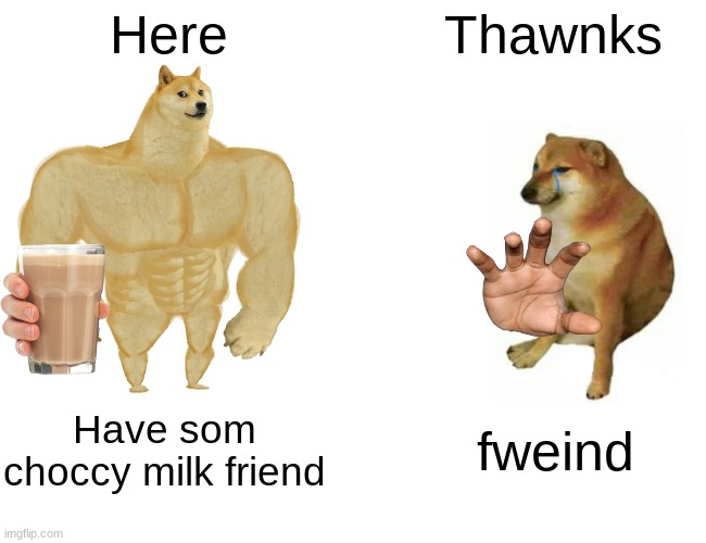 choccy bro | Here; Thawnks; Have som choccy milk friend; fweind | image tagged in memes | made w/ Imgflip meme maker