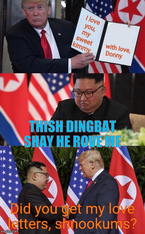 Trump and Kim | I love you, my   sweet   kimmy Did you get my love  letters, shnookums? with love, Donny THISH DINGBAT SHAY HE ROVE ME | image tagged in trump and kim | made w/ Imgflip meme maker