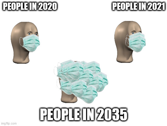 What Fauci wants us to do | PEOPLE IN 2020                                   PEOPLE IN 2021; PEOPLE IN 2035 | image tagged in blank white template,meme man,2020 sucks | made w/ Imgflip meme maker