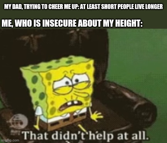 Spongebob that didn't help at all | MY DAD, TRYING TO CHEER ME UP: AT LEAST SHORT PEOPLE LIVE LONGER; ME, WHO IS INSECURE ABOUT MY HEIGHT: | image tagged in spongebob that didn't help at all | made w/ Imgflip meme maker