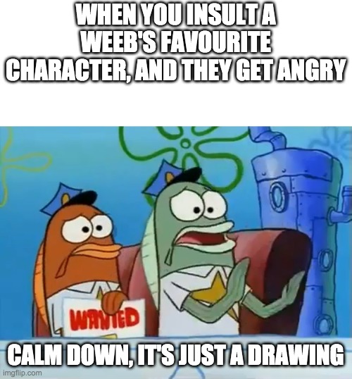 Calm down son | WHEN YOU INSULT A WEEB'S FAVOURITE CHARACTER, AND THEY GET ANGRY; CALM DOWN, IT'S JUST A DRAWING | image tagged in calm down son | made w/ Imgflip meme maker