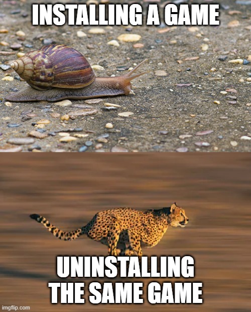 i hate it tbh | INSTALLING A GAME; UNINSTALLING THE SAME GAME | image tagged in snail vs cheetah | made w/ Imgflip meme maker