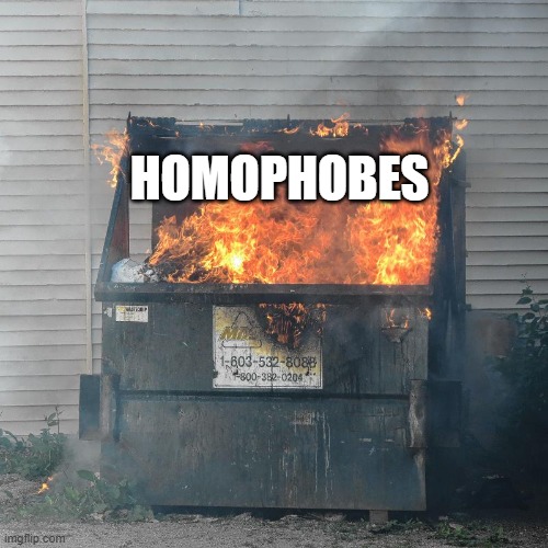 Dumpster fire DNC  | HOMOPHOBES | image tagged in dumpster fire dnc | made w/ Imgflip meme maker