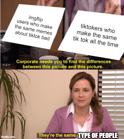 imgflip cope | imgflip users who make the same memes about tiktok bad; tiktokers who make the same tik tok all the time; TYPE OF PEOPLE | image tagged in memes,they're the same picture,funny,meme,funny meme,tiktok | made w/ Imgflip meme maker