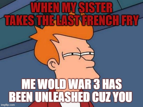 Futurama Fry Meme | WHEN MY SISTER TAKES THE LAST FRENCH FRY; ME WOLD WAR 3 HAS BEEN UNLEASHED CUZ YOU | image tagged in memes,futurama fry | made w/ Imgflip meme maker