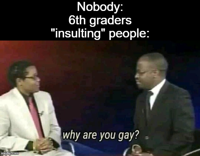 Why are you gay? | Nobody:
6th graders "insulting" people: | image tagged in why are you gay,memes,never gonna give you up,never gonna let you down,never gonna run around,and desert you | made w/ Imgflip meme maker