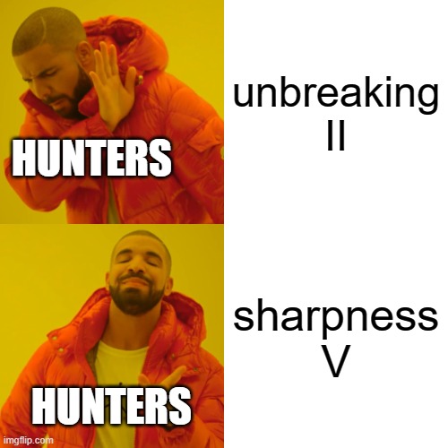 Drake Hotline Bling | unbreaking II; HUNTERS; sharpness
V; HUNTERS | image tagged in memes,drake hotline bling | made w/ Imgflip meme maker