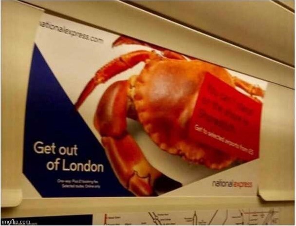 Just get out | image tagged in get out of london crab | made w/ Imgflip meme maker