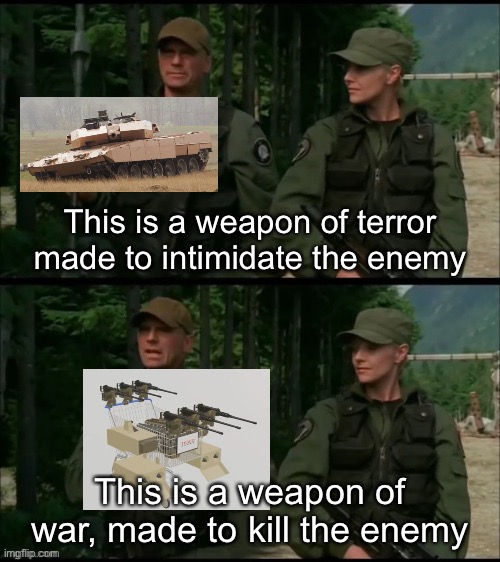 Shopping Trolley > Tank | This is a weapon of terror made to intimidate the enemy; This is a weapon of war, made to kill the enemy | image tagged in shopping trolley,tank | made w/ Imgflip meme maker