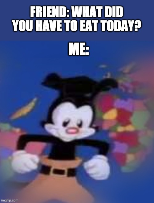 YAKKO | FRIEND: WHAT DID YOU HAVE TO EAT TODAY? ME: | image tagged in yakko,memes,funny memes | made w/ Imgflip meme maker