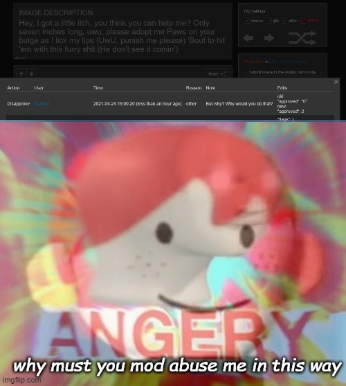 why must you mod abuse me in this way | image tagged in surreal angery | made w/ Imgflip meme maker