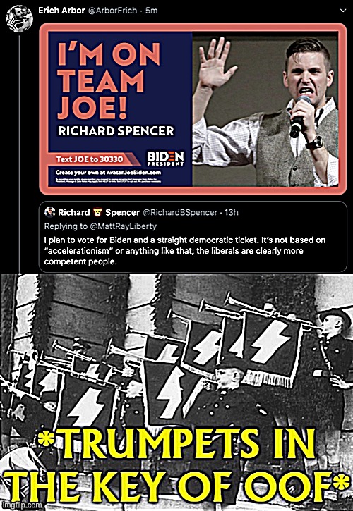 A puzzling endorsement yet very very cringe | image tagged in richard spencer biden 2020,trumpets in the key of oof | made w/ Imgflip meme maker