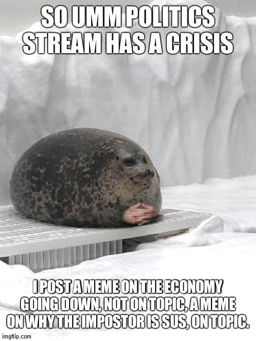 That makes no sense (I posted it in MSMG because why not if I got a no at politics) | SO UMM POLITICS STREAM HAS A CRISIS; I POST A MEME ON THE ECONOMY GOING DOWN, NOT ON TOPIC, A MEME ON WHY THE IMPOSTOR IS SUS, ON TOPIC. | image tagged in seal hands,crisis,politics | made w/ Imgflip meme maker