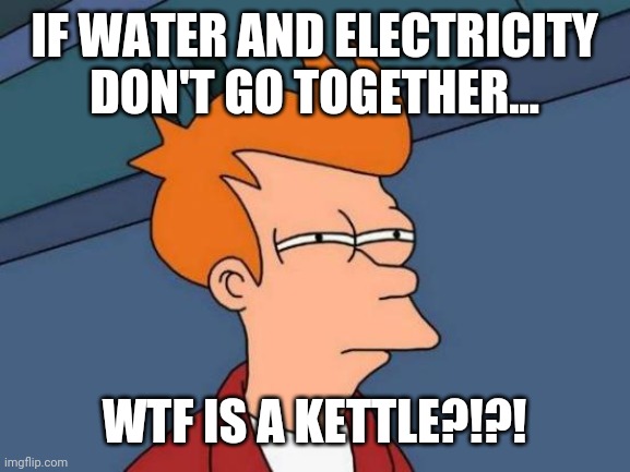 TikTok @Jackdixon0 | IF WATER AND ELECTRICITY DON'T GO TOGETHER... WTF IS A KETTLE?!?! | image tagged in memes,futurama fry | made w/ Imgflip meme maker