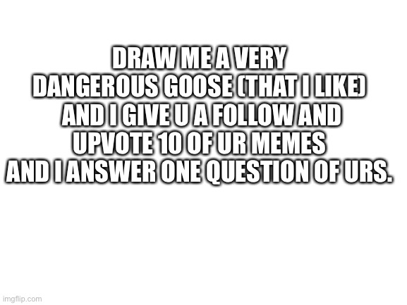 Is this against the rules? | DRAW ME A VERY DANGEROUS GOOSE (THAT I LIKE)  AND I GIVE U A FOLLOW AND UPVOTE 10 OF UR MEMES AND I ANSWER ONE QUESTION OF URS. | image tagged in blank white template | made w/ Imgflip meme maker