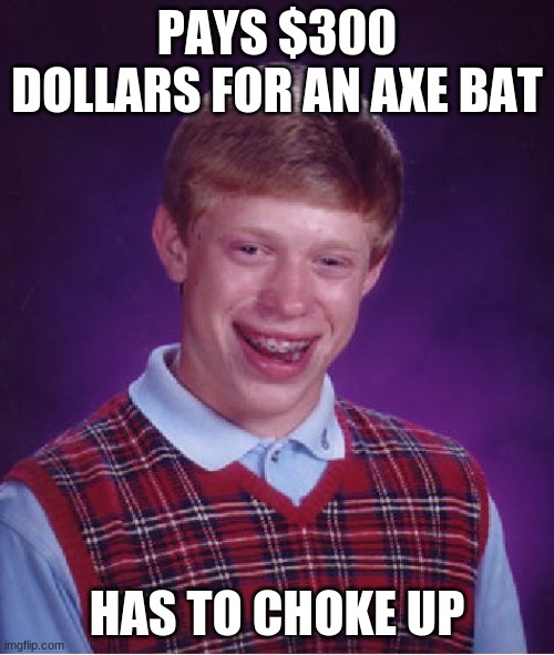 lol i saw this the other day | PAYS $300 DOLLARS FOR AN AXE BAT; HAS TO CHOKE UP | image tagged in memes,bad luck brian | made w/ Imgflip meme maker