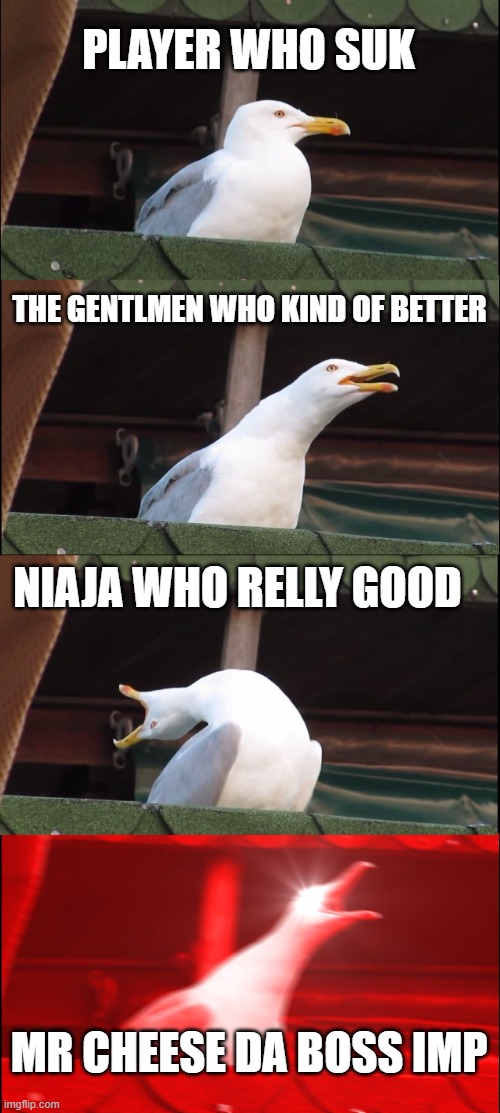 Inhaling Seagull | PLAYER WHO SUK; THE GENTLMEN WHO KIND OF BETTER; NIAJA WHO RELLY GOOD; MR CHEESE DA BOSS IMP | image tagged in memes,inhaling seagull | made w/ Imgflip meme maker