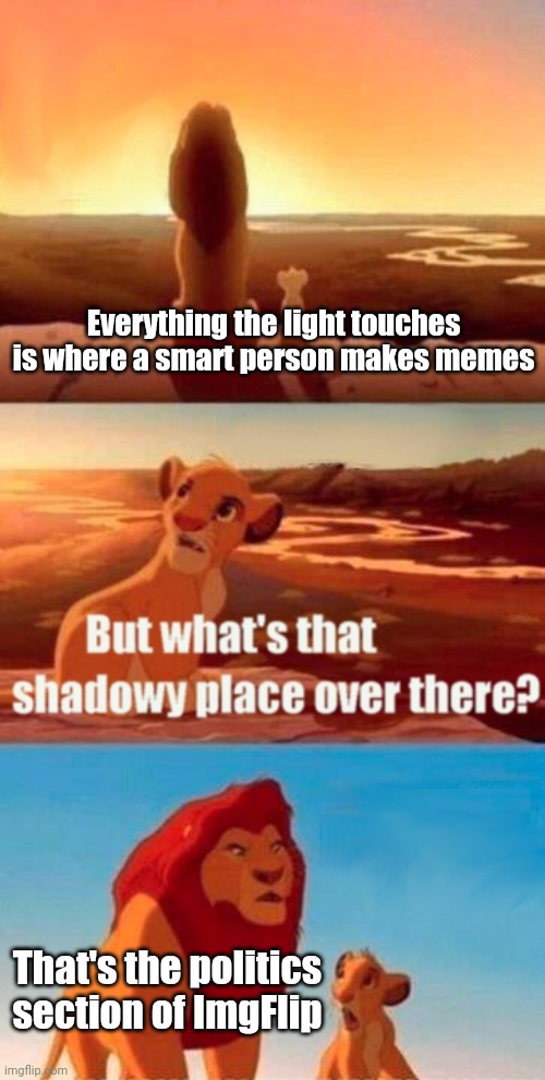 Simba Shadowy Place Meme | Everything the light touches is where a smart person makes memes; That's the politics section of ImgFlip | image tagged in memes,simba shadowy place | made w/ Imgflip meme maker